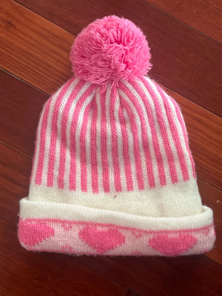Gorro Pom de Invierno Vintage Años 80 100% Lana Niños Niñas Crema Rosa Blanco Corazones Foto 2 de 2