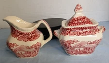 Mason's Red Vista Sugar Bowl & Creamer Set- England