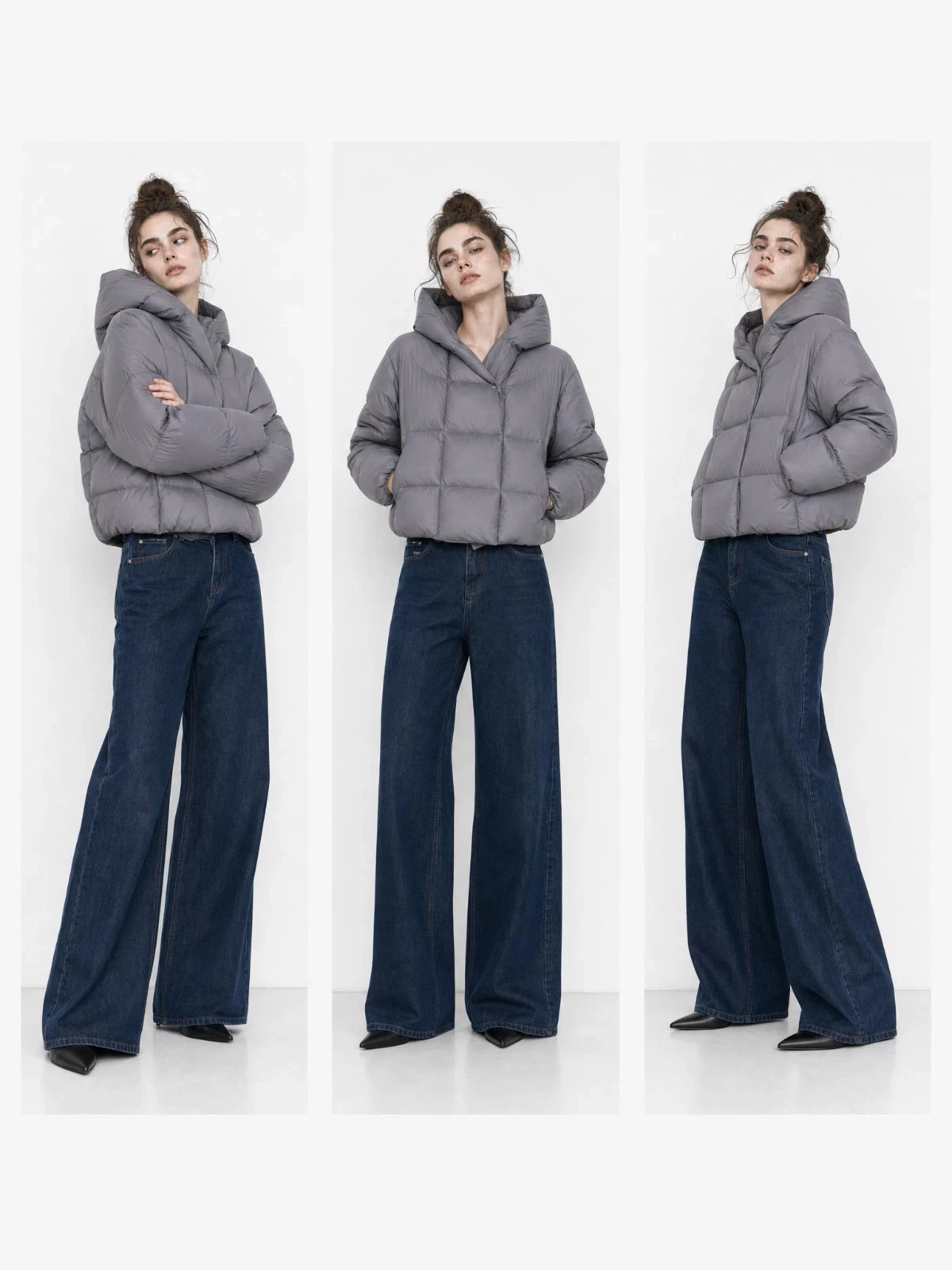 Women's Premium 90/10 Duck Down Short Puffer Jacket Hooded Quilted Coat Grey