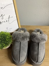 UGG Disquette Slip-On Charcoal Slippers Women s Size 8 Fur Trim Suede Upper