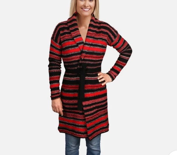 Cárdigan Suéter Para Mujer Ralph Lauren Negro Rojo Rayas Mezcla Lana Largo Cinturón L Foto 2 de 4