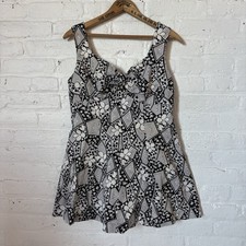 Vintage 1950s Women  s Bathing suit Black White Floral Geometric Zipper Back