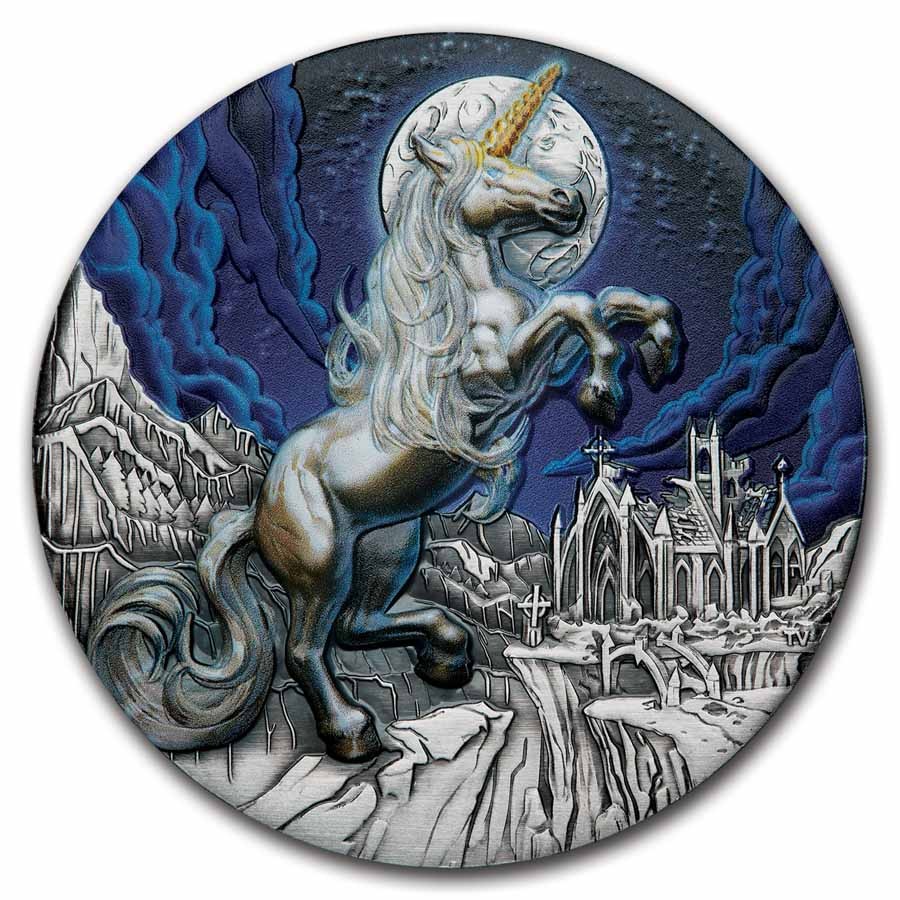 2025 Tuvalu 5 oz Silver Colorized Unicorn Antiqued HR (Box, COA