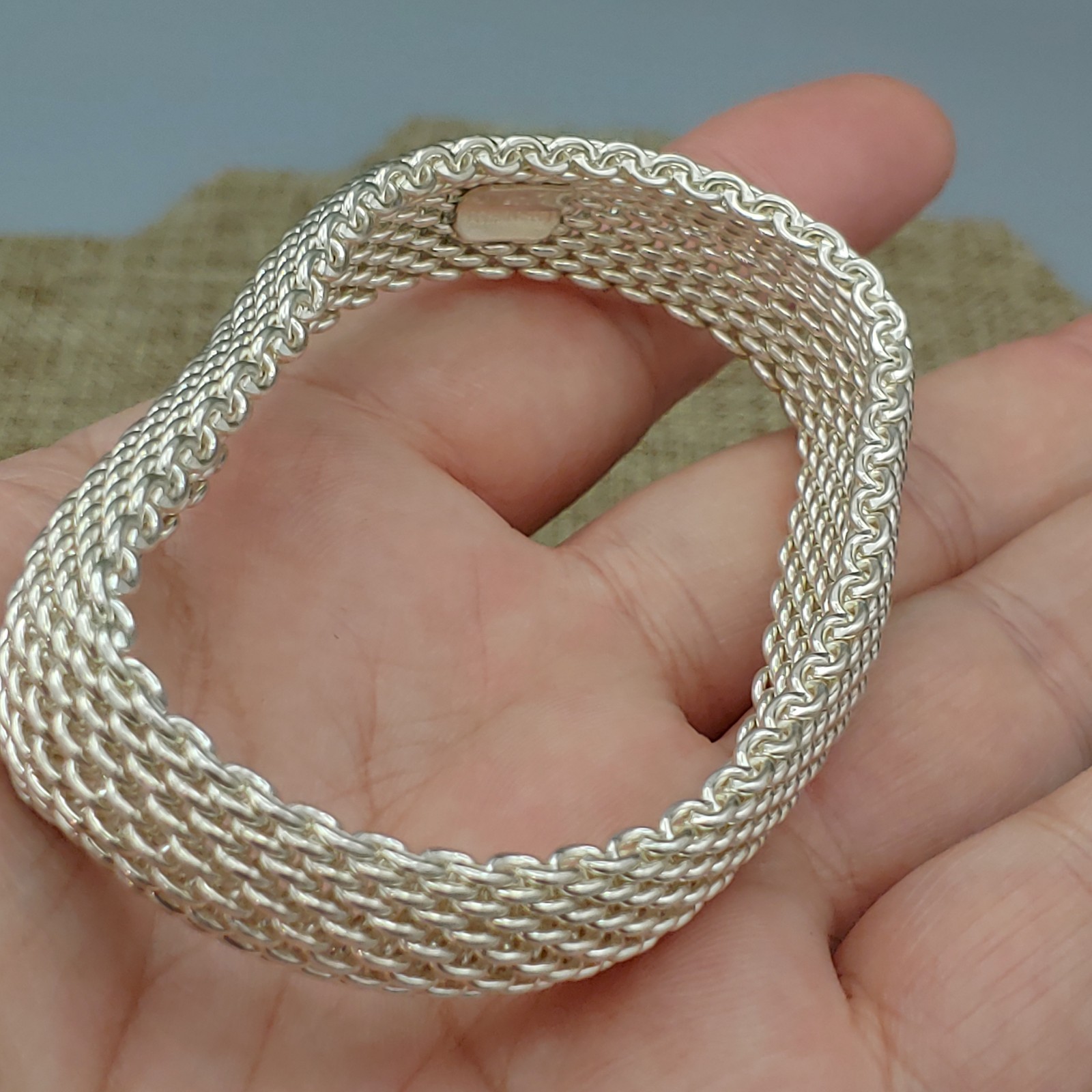 Tiffany & Co. Somerset 925 Sterling Silver Mesh Bangle Bracelet 7.5" 15mm 58.6g