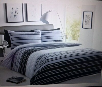 Sleepdown Bettdecke Quilt Cover Set Schwarz & Grau Strukturiert Streifen Neu SUPER KING