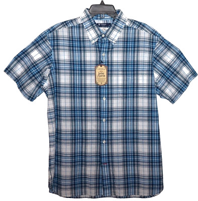 Daniel Cremieux Short Sleeve Shirt L White Blue Check Indian Madras NWT (DSS551)