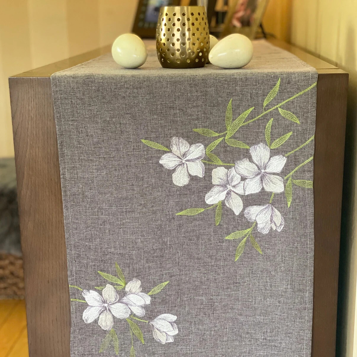 Luxury Faux Linen Embroidered Table Runner Jasmine Floral Dark Grey