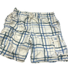 Op Mesh Lined Short Swim Trunk Blue white Plaid Men  s Size L 36/38 cargo pocket