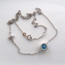 9ct white Gold necklace chain evil eye double sided Mati and Cross cz Made Italy