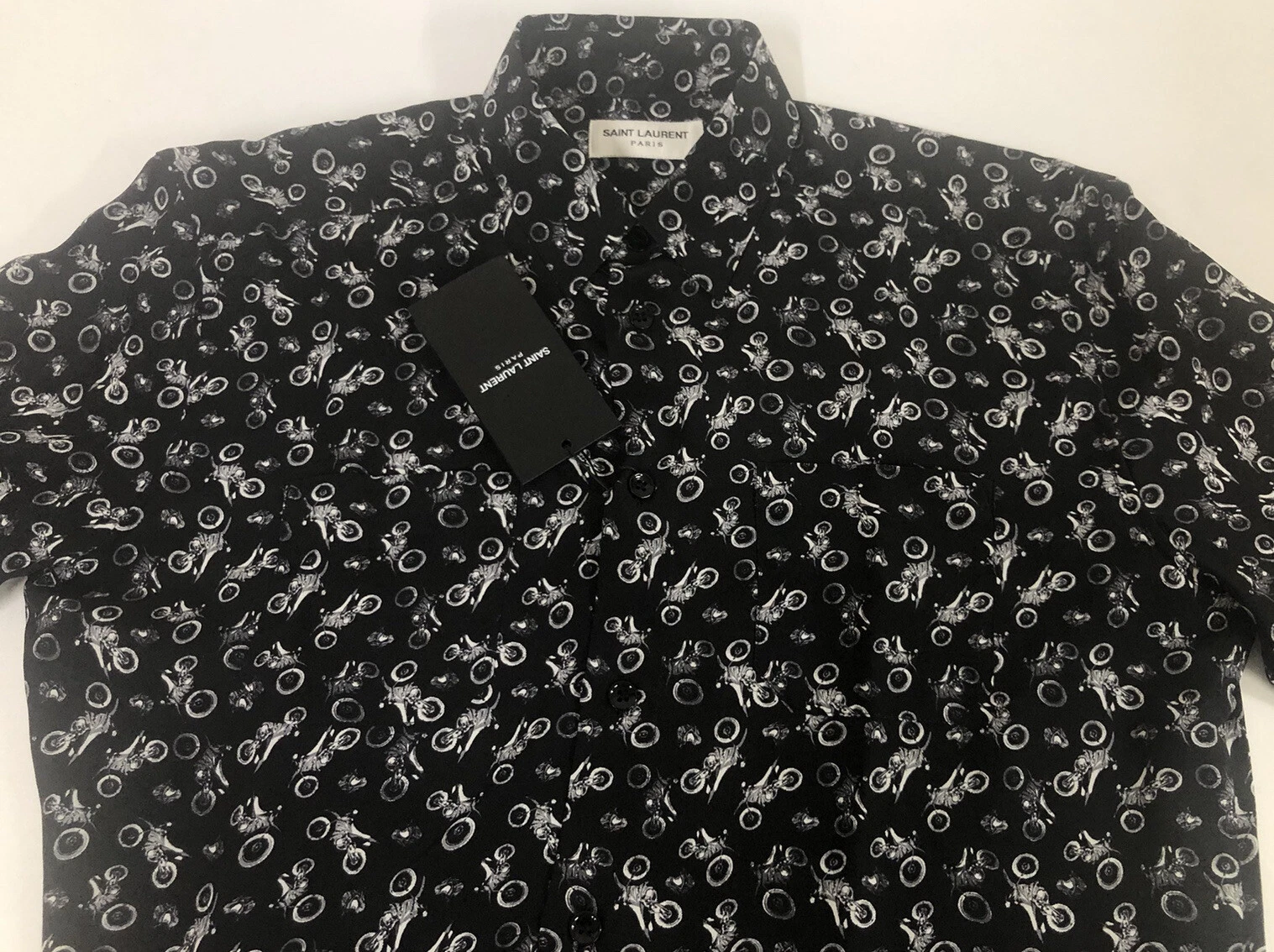 SAINT LAURENT (YSL) Camicia Saint Laurent in seta con grafica stampa moto 37EU 14.5US $1350.00 nuova con etichette
