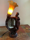 RARE VINTAGE TIFFANY STYLE lady Cherub Lamp And Mirror With Glass Shade
