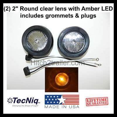(2) TecNiq 2'' Clear Amber Marker LED Light Reflective Clearance Trailer USA