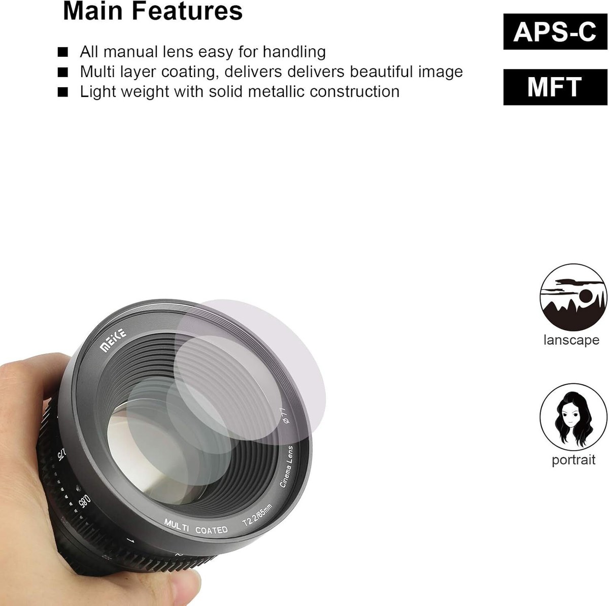 MEKE 65mm T2.2 Large Aperture Manual Focus 4K Mini Cine Lens
