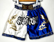 Muay Thai Kids Shorts Breathable Kick Boxing MMA Fight Training Blue Gold Medium