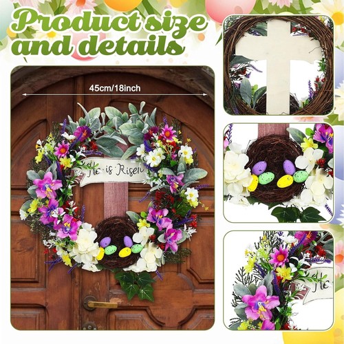 18 Inch Easter Wreath for Front Door Cross Wreath Christian Easter Hanging De... - Picture 5 of 8