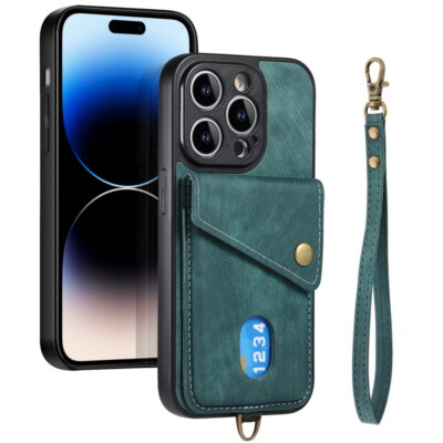 Hülle für iPhone 16 15 14 Pro Max 12 11 Leder Kartenfach Wallet mit Handykette