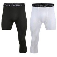 Men Base Layer Cropped Trousers Running Tights Basketball Sports One Leg Pant