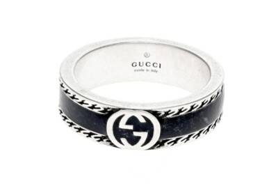Gucci Interlocking G Black Enamel Sterling Silver Ring