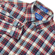 Pendleton 100 Wool Button Down Shirt Mens M Red Blue Plaid Lightweight Classic