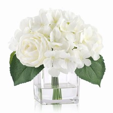 Fake Flowers in Vase, Hydrangea Rose Artificial Flowers with Fake Water in Gl...