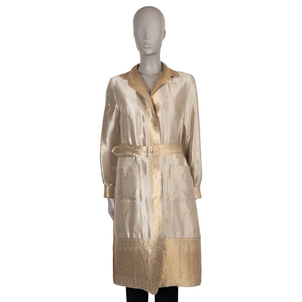 73693 Auth PRADA Gold Silk 2004 PAISLEY BROCHADE TRIM Coat Jacket 42 M