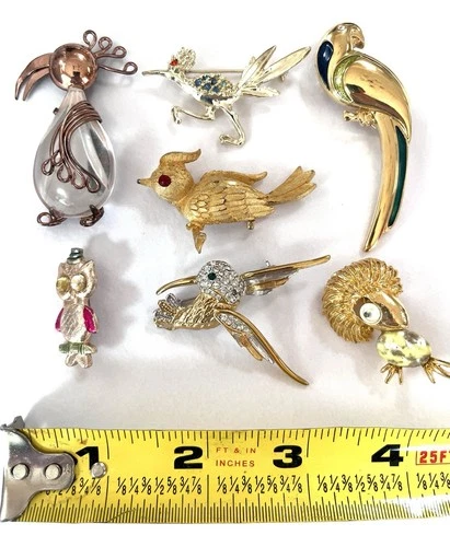 Vintage Costume Jewelry Figural Bird Pin Lot, Rhinestones, LC, Hong Kong