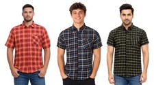 Mens Short Sleeve Shirt Checked Casual Work Wear Top Cotton Button Pocket