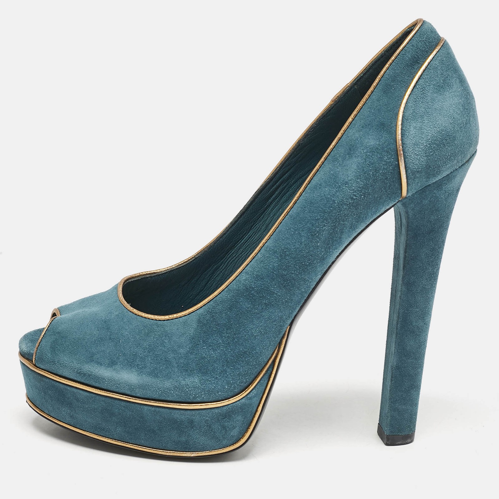 Gucci Blue Gold Leather Suede Peep Toe Pumps Size 39