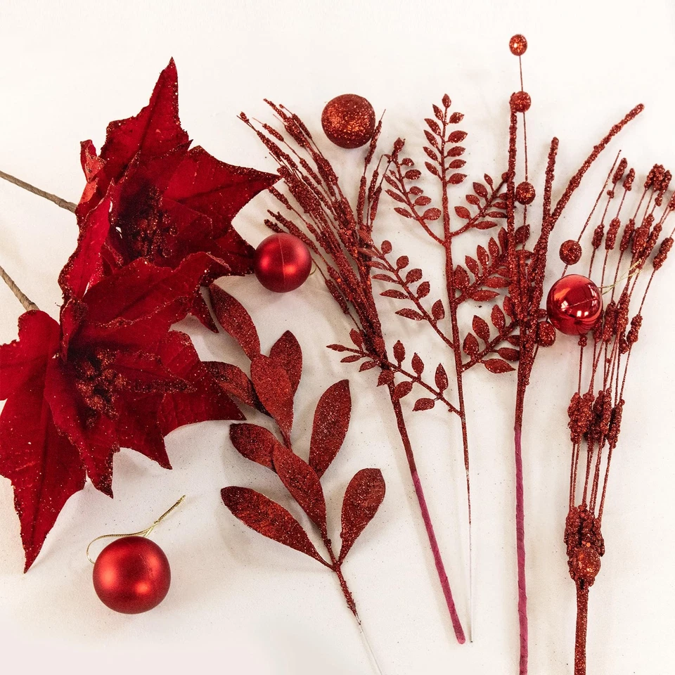 54 Piezas Rojo Brillo Artificial Cedro Ramitas Selecciones Imitación Cedro Ramas Tallos Ch... Foto 3 de 4