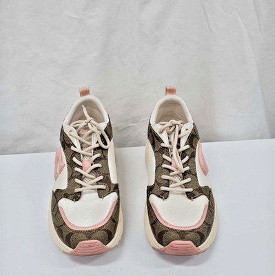 Coach Signature Tech Runner Sneakers Womens US size 6.5B Khaki, Pink Lace Up