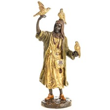 Fabrige Bronze Skulptur Mann mit Vögeln Wiener Art nach Franz Bergman