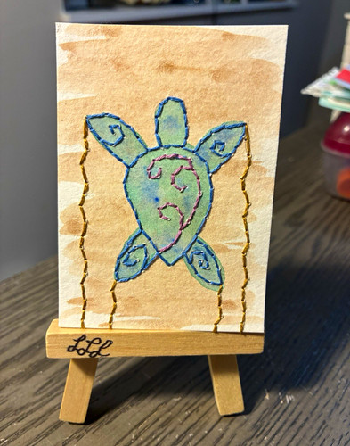 ACEO Original “Heading Home” Embroidered Watercolor Turtle OOAK Signed 2026