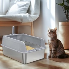 Large Stainless Steel Cat Litter Box Oder-free Enclosed Cat Toilet Box w/ Scoop