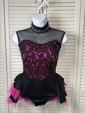 Weismann Child Large Dance Costume Black Pink Tulle Skirt And Sequence W/ Cuffs