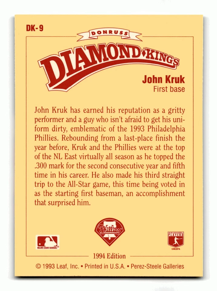 John Kruk 1994 Donruss Diamond Kings #DK-9 Philadelphia Phillies Mint - Image 2 of 2