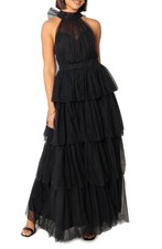 Petal & Pup Frances Halter Neck Tiered Tulle Gown Sz S Black