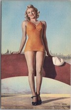 Vintage 1940s Bathing Beauty Woman in One-Piece Swim Suit / MWM Linen - Unused