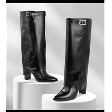 Black Knee High Pointed Toe Buckle Zip Riding Boot Synthetic Block Heel