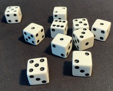 Set of 10 Six Sided Square Opaque 16mm D6 Dice - White with Black Dots
