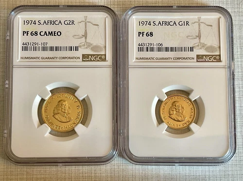 South Africa 1974 Rand & 2 Rand 2pc Gold NGC PF68 Set Sku# 6113