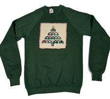 Jerzees Vintage Christmas Crewneck Sweatshirt Medium Green Raglan Made in USA