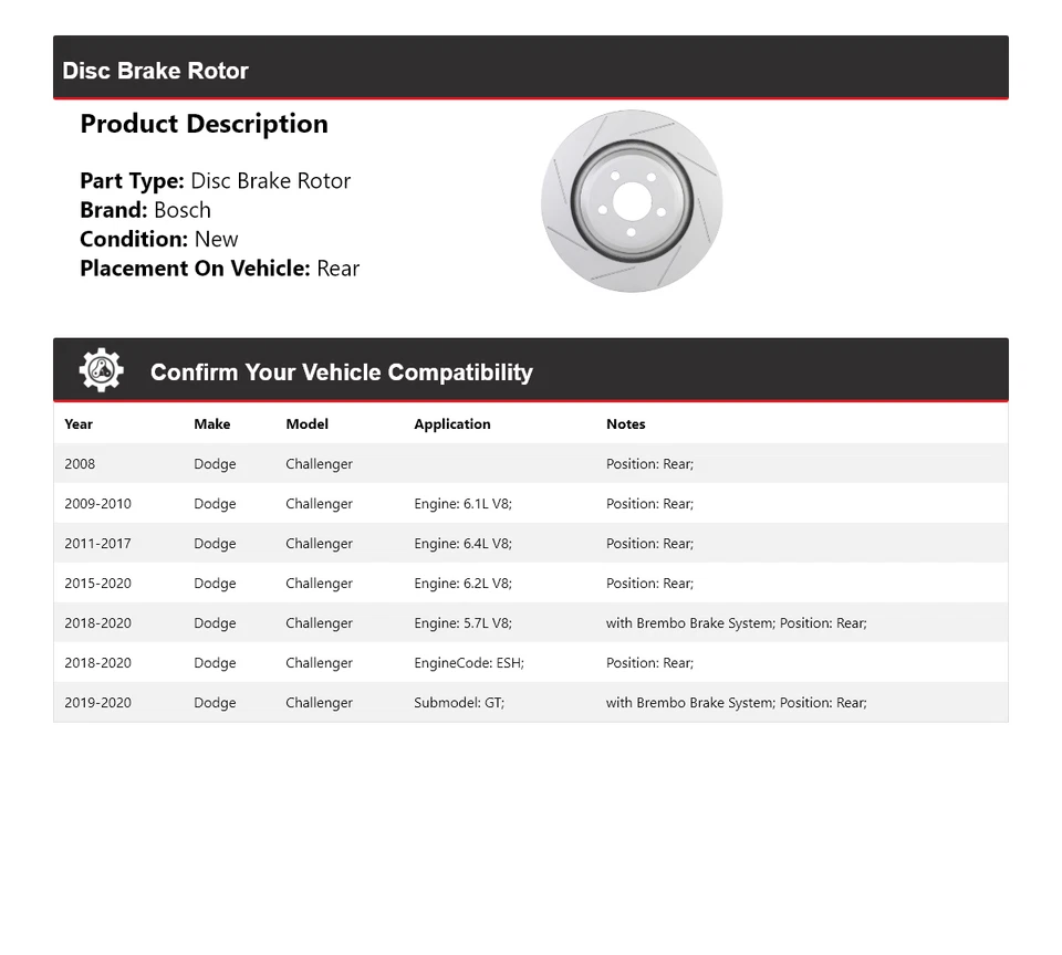 For 2008-2020 Dodge Challenger Bosch QuietCast Disc Brake Rotor Rear 2009 2010 - Imagem 2 de 4