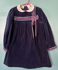 Vintage Alyssa Size 6 Girls Dress Velvet Collar Blue Long Sleeve Ribbon Smocked