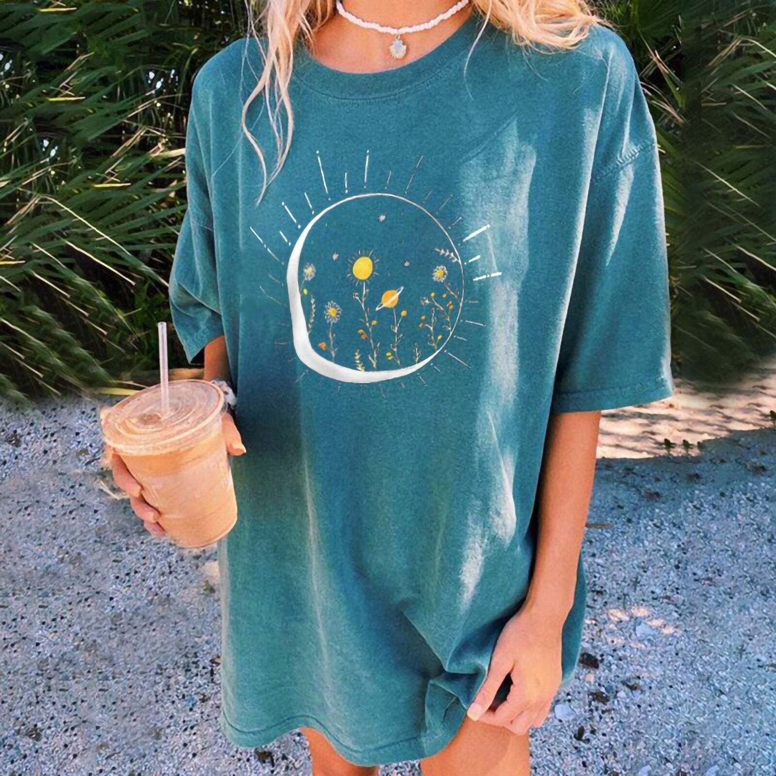 Blue Printed Crew Neck Casual Top for Women