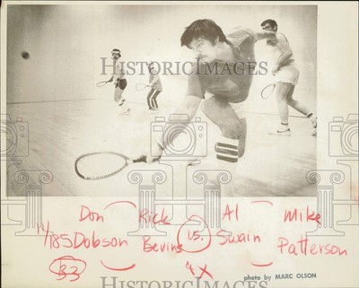 1985 Press Photo Don Dobson, Rick Bevins in men's doubles racquetball game