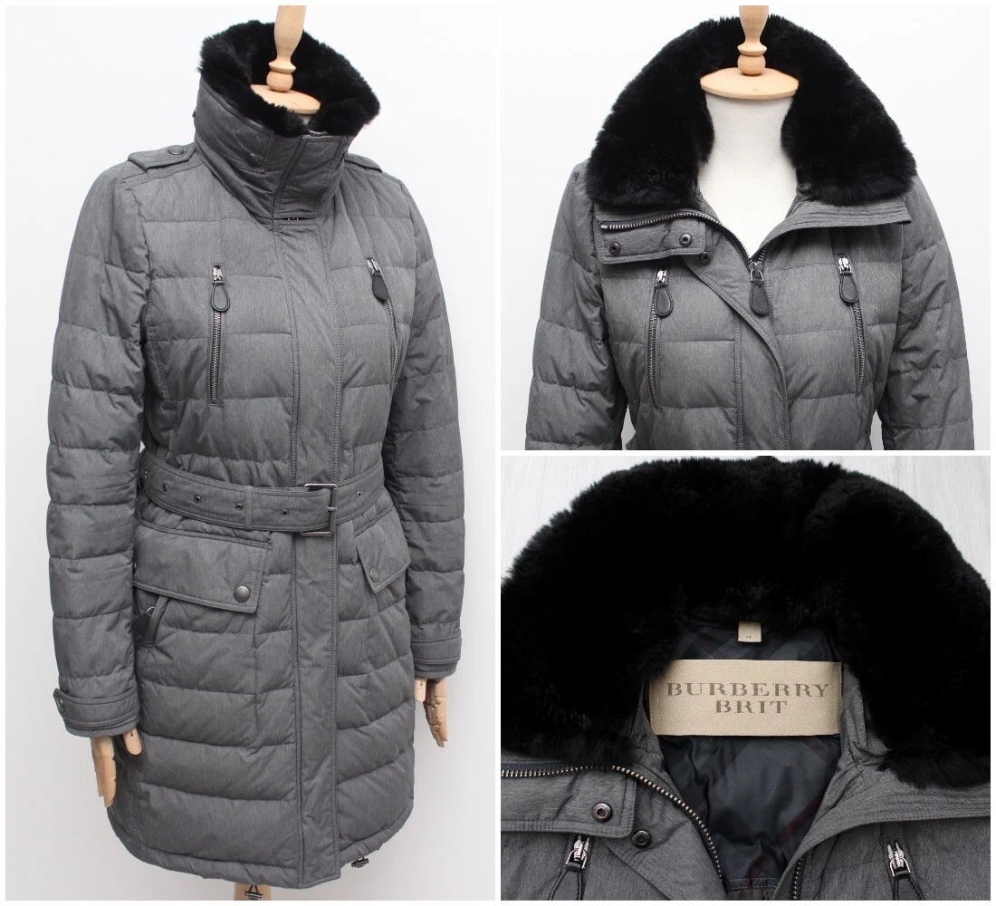 Autentico piumino lungo trapuntato donna BURBERRY BRIT giacca cappotto pelliccia bordo M