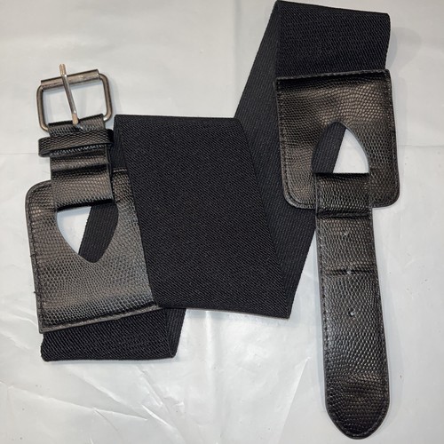 BLACK 3” Wide Stretchy Gothic Belt 35-37” Fits Bigger! Black Strap Silver Buckle - Picture 12 of 12