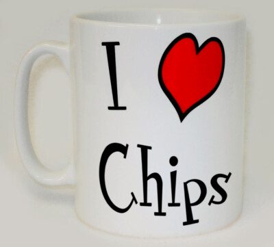 I Heart Chips Becher personalisierbar lustig Liebe Kartoffelchips Pommes Geschenk Tasse