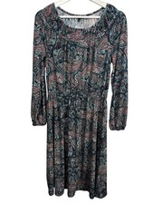 Talbots Dress Women's Small Paisley Boho Smocked Waist Long Sleeve Dress