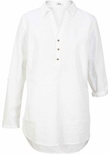 Tunika mit Leinen-Anteil lang Gr. 42 Weiß Damen Longbluse Langarm Hemd Neu